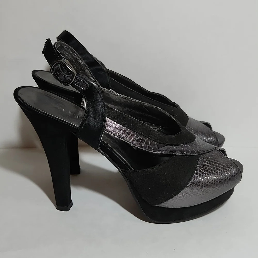 Nine West Women's Black Snakeskin Suede Slingback Peep Toe Cut-Out Heels Size 5